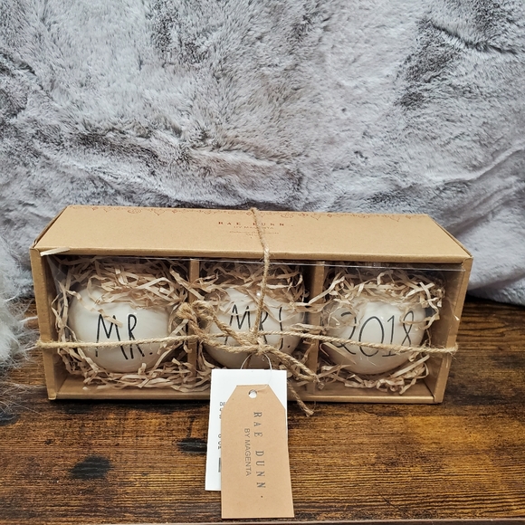 Rae Dunn Other - NWT Rae Dunn Christmas Ornament Set Mr, Mrs, and 2018 Ceramic